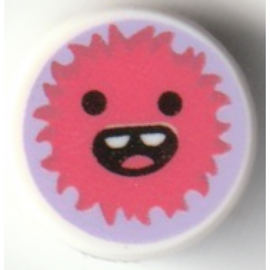 white tile round 1 x 1 with coral furry monster head with open mouth smile with 2 top teeth and tongue on lavender background pattern