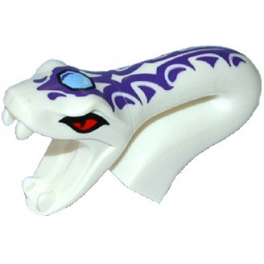 white minifigure head modified snake long neck with open mouth with red eyes bright light blue gem and dark purple tribal symbol tattoos pattern