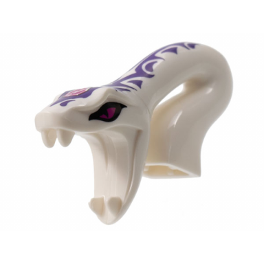 white minifigure head modified snake long neck with open mouth with magenta eyes and gem and dark purple tribal symbol tattoos pattern