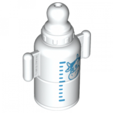 white duplo utensil baby bottle with cow and scale lines pattern