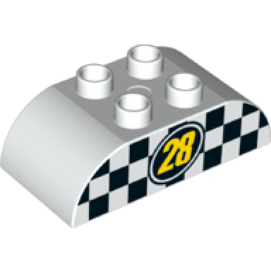 white duplo brick 2 x 4 slope curved double with yellow 28 on black oval with checkered background pattern