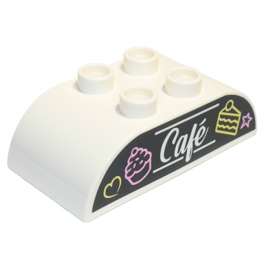 white duplo brick 2 x 4 slope curved double with script café cafe bright light yellow cake and heart and bright pink cupcake and star on black background pattern
