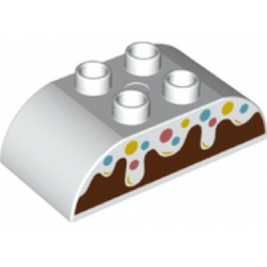 white duplo brick 2 x 4 slope curved double with frosting with coral medium azure and yellow sprinkles over reddish brown cake pattern