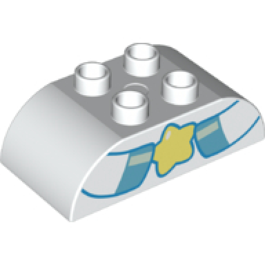 white duplo brick 2 x 4 slope curved double with medium azure and light aqua hooves holding bright light yellow star pattern