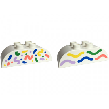 white duplo brick 2 x 4 slope curved double with blue bright green coral lavender and yellow confetti waves pattern