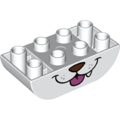 white duplo brick 2 x 4 slope curved inverted double with reddish brown nose dark pink tongue and single fang dog lower face pattern