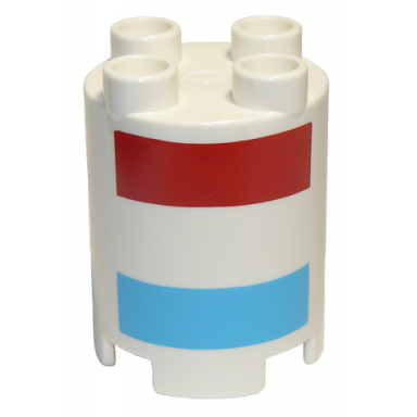 white duplo brick round 2 x 2 x 2 with red and medium azure stripes pattern