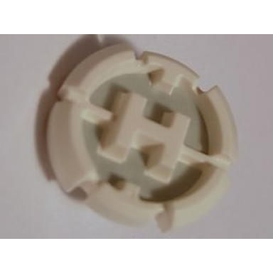white hero factory chest badge with raised capital letter h on light bluish gray background pattern