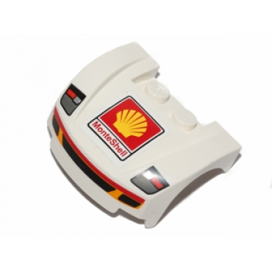 white vehicle mudguard 3 x 4 x 1 2 3 curved front with headlights and grille with red and yellow trim shell logo monteshell pattern sticker - set 30192