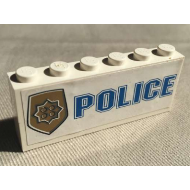 white stickered assembly 6 x 1 x 2 with blue police with world city gold police badge pattern sticker - set 7035 - 2 brick 1 x 6
