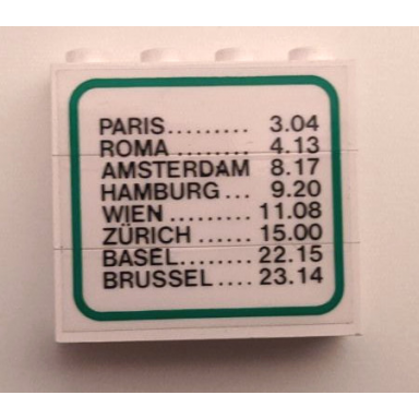 stickered assembly 4 x 1 x 3 with train schedule pattern sticker - set 7745 7715 - 3 brick 1 x 4