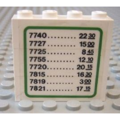 white stickered assembly 4 x 1 x 3 with train schedule pattern sticker - set 7824 - 3 brick 1 x 4