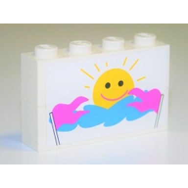 white stickered assembly 4 x 1 x 2 with sun blue cloud and pink flags pattern sticker - set 6547 - 2 brick 1 x 4