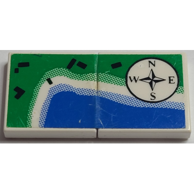 white stickered assembly 4 x 2 with shoreline map and directional compass pattern sticker - set 6338 - 2 tile 2 x 2
