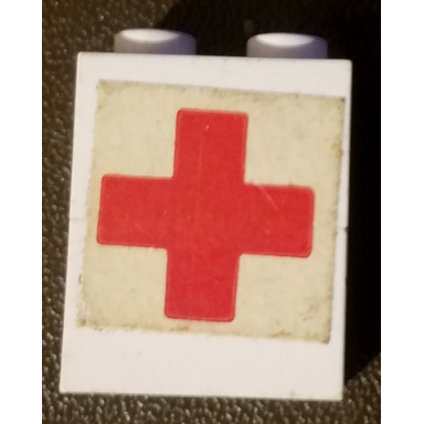 white stickered assembly 2 x 1 x 2 with red cross pattern sticker - sets 386 770 - 2 brick 1 x 2