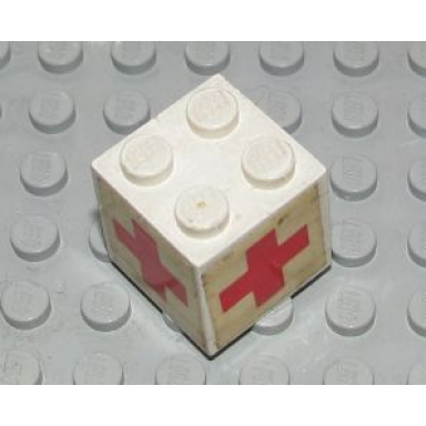 white stickered assembly 2 x 2 x 1 2 3 with red cross pattern on four sides stickers - set 6364 - 1 brick 2 x 2 2 plate 2 x 2