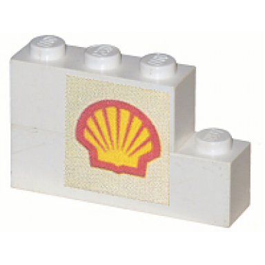 white stickered assembly 4 x 1 x 2 with shell logo pattern sticker - set 377-1 - 1 brick 1 x 3 1 brick 1 x 4