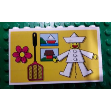 white stickered assembly 8 x 1 x 4 with jumping-jack house lake and clown pattern on yellow background sticker - set 297 - 4 brick 1 x 8