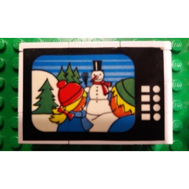 white stickered assembly 6 x 2 x 3 1 3 with snowman and children on tv screen pattern sticker - set 264-1 - 3 brick 2 x 4 3 brick 2 x 2 3 tile 2 x 2