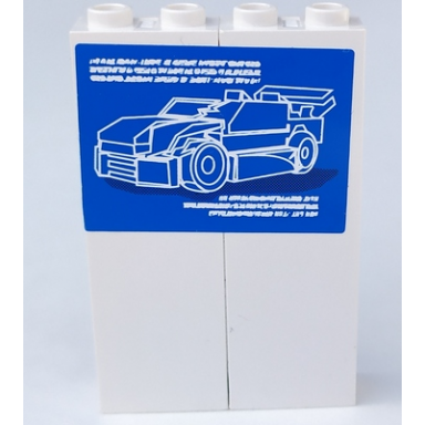 white stickered assembly 4 x 1 x 5 with blue and black car posters pattern on both sides stickers - set 8681 - 2 brick 1 x 2 x 5