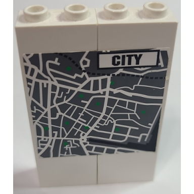 white stickered assembly 4 x 1 x 5 with city in white rectangle and map pattern sticker - set 7237 - 2 brick 1 x 2 x 5