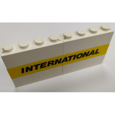 white stickered assembly 8 x 1 x 3 with black international on yellow stripe pattern sticker - set 6367 - 2 panel 1 x 4 x 3 - solid studs