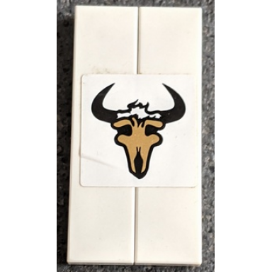 white stickered assembly 4 x 2 with cow skull with horns pattern sticker - set 8147 - 2 tile 1 x 4