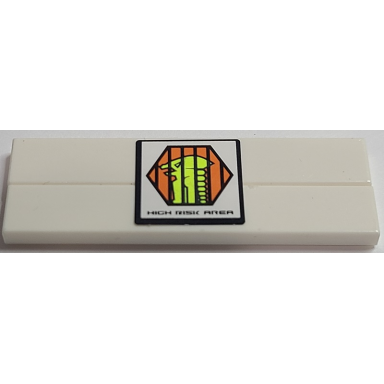 white stickered assembly 6 x 2 with high risk area and orange hexagon with black border and alien pattern sticker - set 7690 - 2 tile 1 x 6