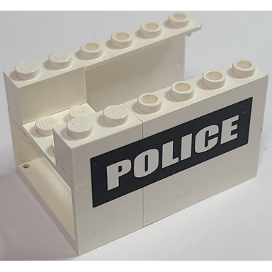 white stickered assembly 6 x 4 x 3 with white police on black background pattern on both sides stickers - set 7237 - 2 panel 1 x 4 x 3 2 brick 1 x 2 1 reel holder 2 x 4 x 2