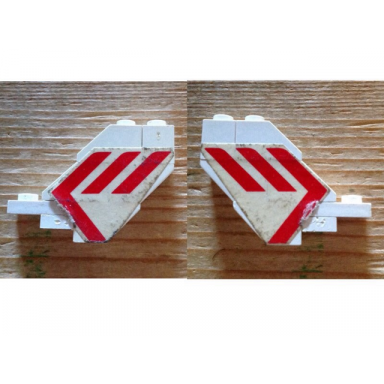 white stickered assembly 5 x 1 x 3 with red martinair logo pattern on both sides stickers - set 1610-2 - 1 plate 1 x 1 1 plate 1 x 2 1 brick 1 x 1 2 slope 45 2 x 1 without bottom tube 2 slope inverted 45 2 x 1
