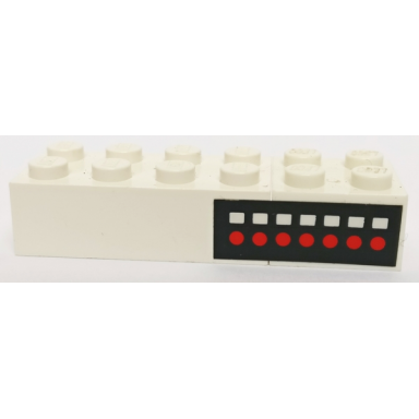 white stickered assembly 6 x 2 x 1 with 7 white rectangles and red dots on black background pattern sticker - set 4025 - 1 brick 2 x 2 without inside supports 1 brick 2 x 4 without cross supports