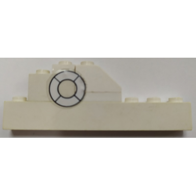 white stickered assembly 8 x 1 x 2 1 3 with white life preserver pattern model left side sticker - set 709-1 - 1 brick 1 x 2 1 brick 1 x 8 1 plate 1 x 1 1 plate 1 x 2 1 slope 45 2 x 1 without bottom tube