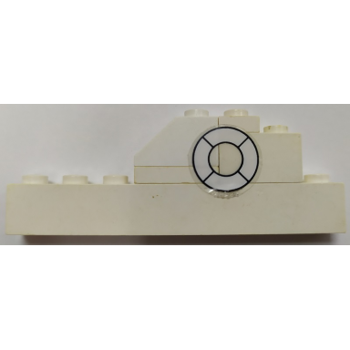 white stickered assembly 8 x 1 x 2 1 3 with white life preserver pattern model right side sticker - set 709-1 - 1 brick 1 x 2 1 brick 1 x 8 1 plate 1 x 1 1 plate 1 x 2 1 slope 45 2 x 1 without bottom tube