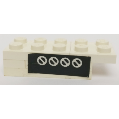 white stickered assembly 5 x 2 x 1 with 4 white circles with diagonal handles on black background pattern sticker - set 4025 - 1 plate 1 x 2 1 plate 1 x 3 1 plate 2 x 2 1 plate 2 x 3 1 plate 2 x 4 3 plate modified 1 x 1 with open o clip thin vertical grip