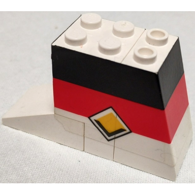 white stickered assembly 6 x 2 x 3 with black and red stripes and viking line logo pattern sticker - sets 1655 1923 - 1 brick 1 x 2 2 brick 2 x 2 1 slope 33 3 x 2 1 slope 75 2 x 2 x 3 - hollow studs