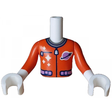 white torso mini doll boy spacesuit with silver collar zippers medium lavender classic space logo and belt pattern white arms with hands with reddish orange long sleeves