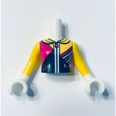 white torso mini doll girl yellow top with dark blue and magenta zip-front pattern yellow sleeves and white gloves