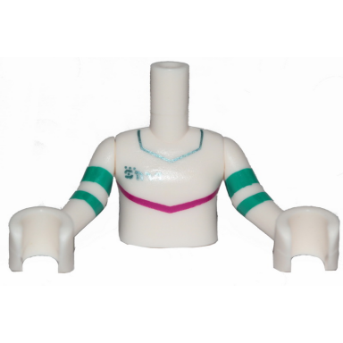 white torso mini doll girl jumpsuit with magenta stripe pattern white arms with hands with turquoise stripes