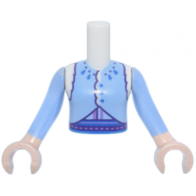 white torso mini doll girl bright light blue coat with fur dark purple trim blue buttons and bells pattern light nougat arms with hands with bright light blue long sleeves