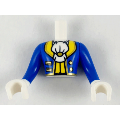 white torso mini doll man blue coat with white ascot yellow and gold trim pattern blue arms with white gloves