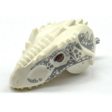 white dinosaur head indominus rex giganotosaurus with pin tan teeth red eyes and dark bluish gray scales pattern