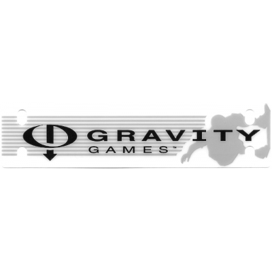 white plastic rectangle 11 x 3 with black gravity games and logo on light gray lines and skateboarder silhouette background pattern