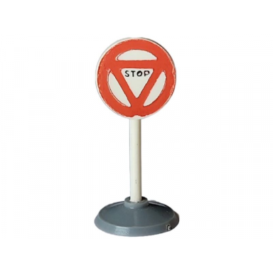 white road sign with post round with triangle stop pattern type 1 base