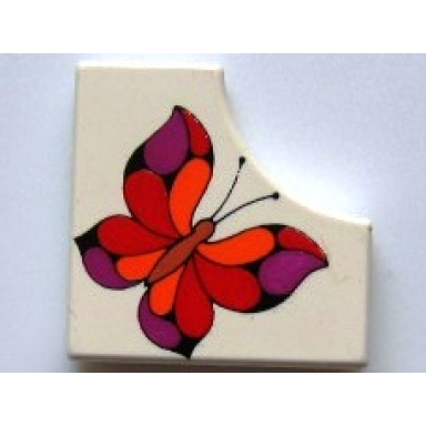 white tile modified 2 x 2 with 1 x 1 curved cutout with scala butterfly pattern