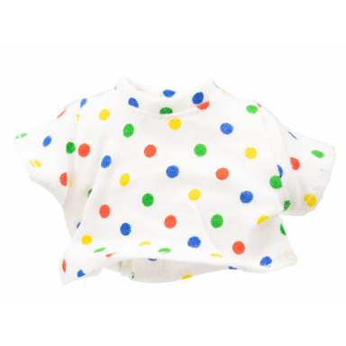 white duplo doll cloth t-shirt with red yellow and blue dots pattern