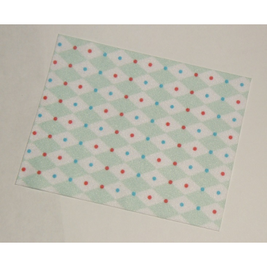white duplo cloth blanket 8 x 10 cm with red and blue dots on light aqua diamonds pattern