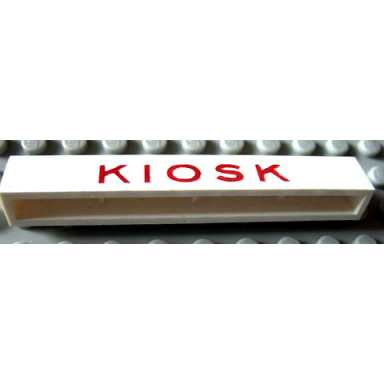 white brick 1 x 8 without bottom tubes with cross side supports with red kiosk letters spaced pattern