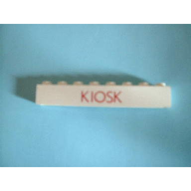 white brick 1 x 8 without bottom tubes with cross side supports with red kiosk thin letters close pattern