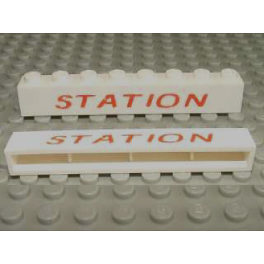 white brick 1 x 8 without bottom tubes with cross side supports with red station pattern