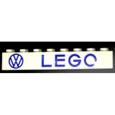 white brick 1 x 8 without bottom tubes with cross side supports with blue vw lego pattern